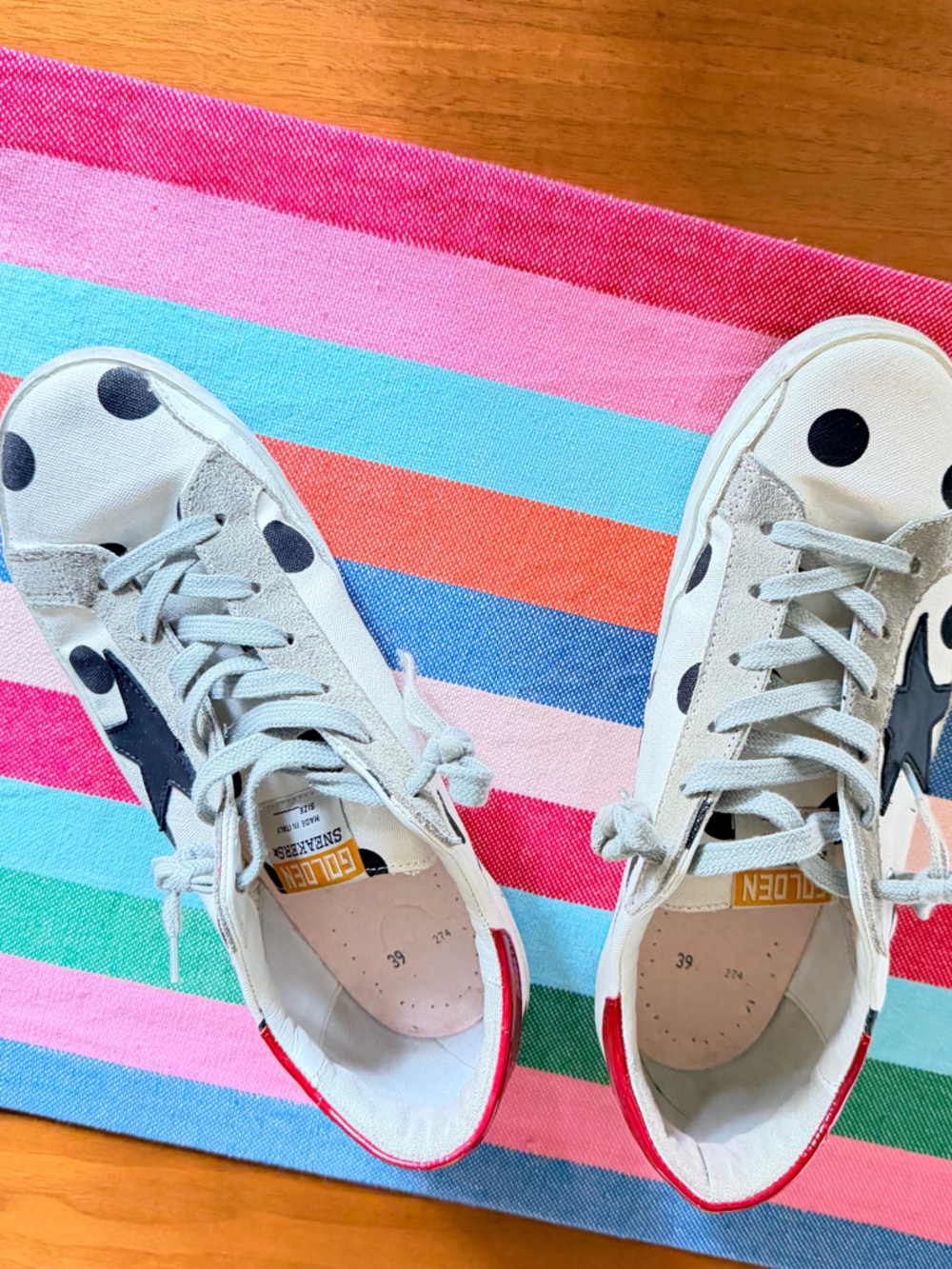 Golden Goose White Polka Dot Sneakers with Black Star and Red Heel - Picture 13 of 16